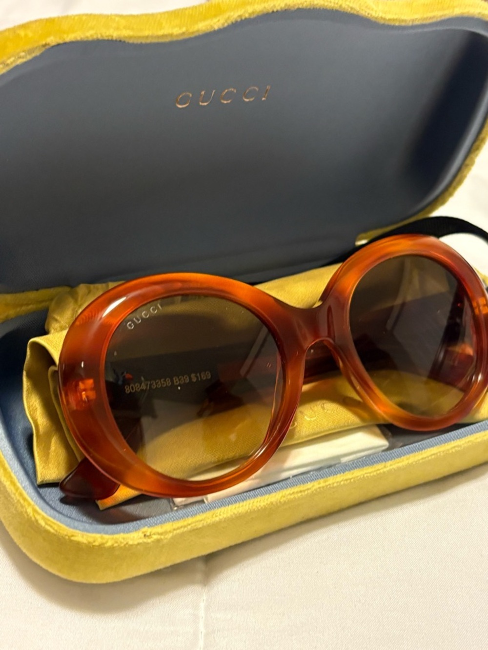 Gucci Brown Sunglasses with Velvet Sunglass Case in Mustard Yellow